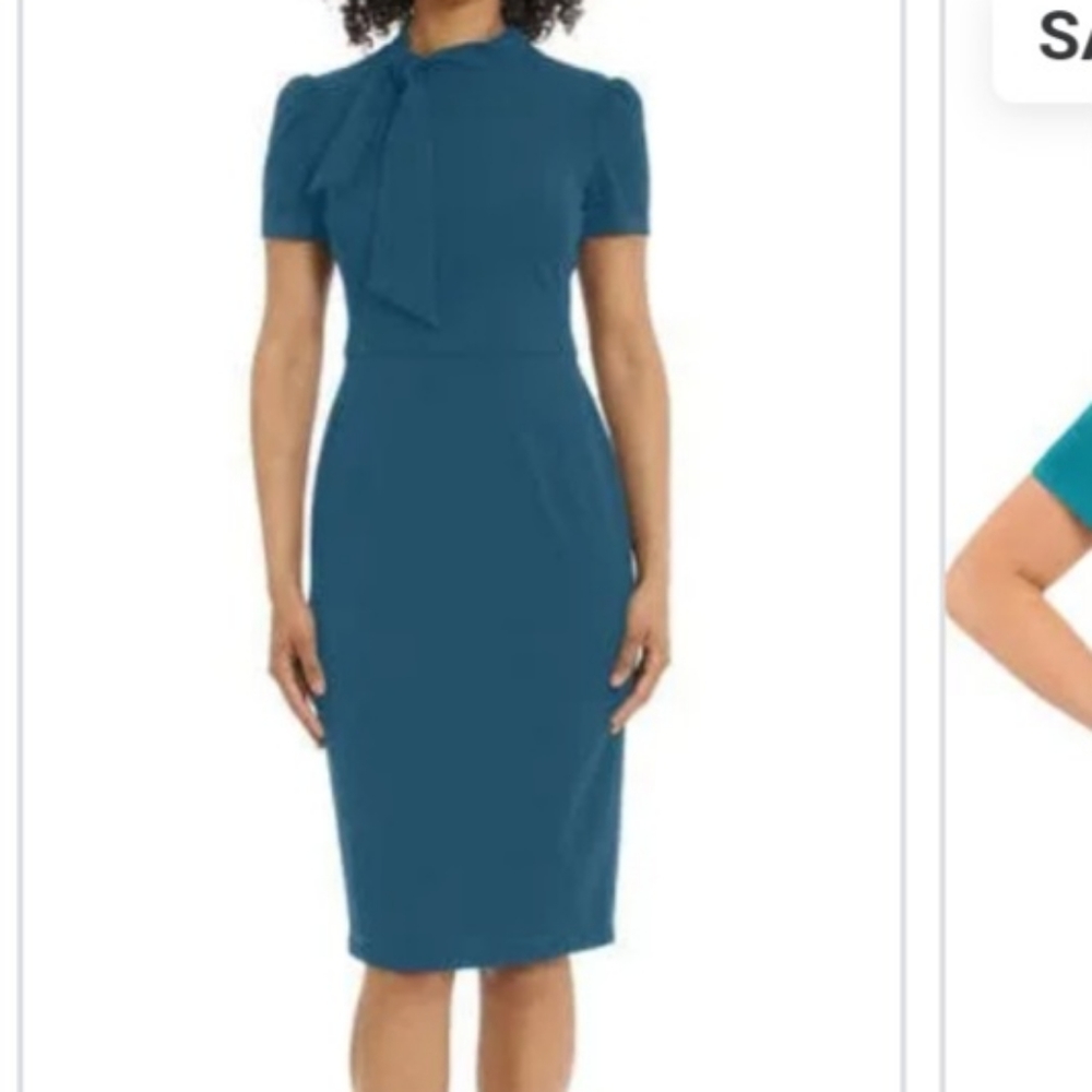 Maggy London Tie Neck Teal Dress - Picture 3 of 14